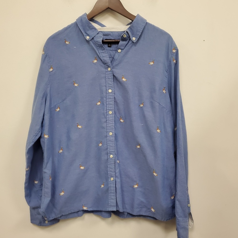 Talbots Womens Long Sleeve Button Embroidered Duck Shirt Size 20 Blue Cotton‎